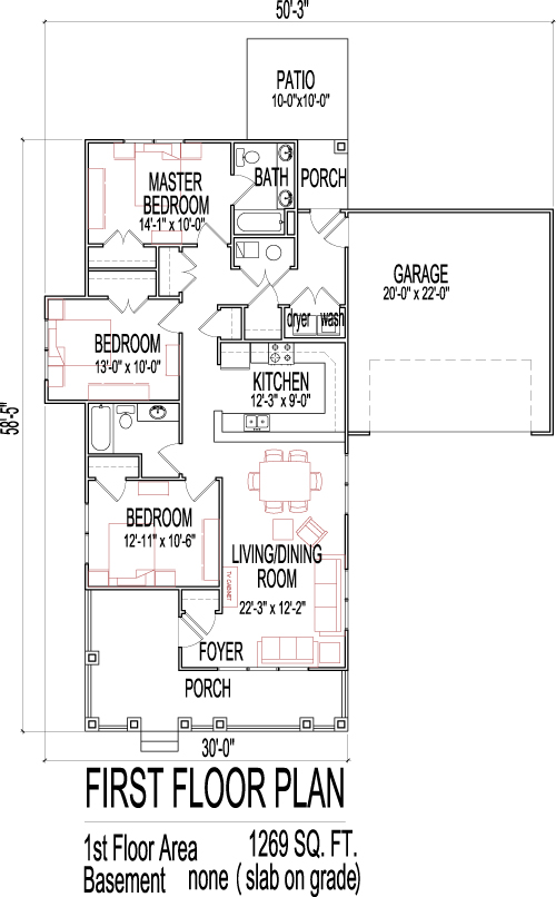 Small 3 Bedroom House Floor Plans Design Slab On Grade Easy