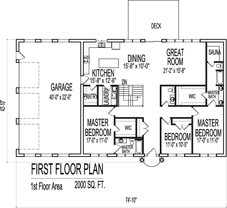2000 Sq Ft House Plans 3 Bedroom Single Floor One Story Designs